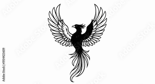 A stylized black and white phoenix with spread wings and long tail feathers