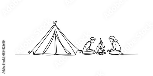 A continuous line drawing illustration of two people camping around a campfire next to a tent Vector, illustration