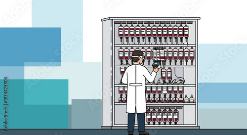 Medical Professional in Lab Coat Managing Blood Bags in Storage Cabinet