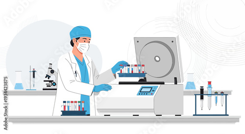 Medical Professional Operating Centrifuge Machine with Test Tubes in Laboratory