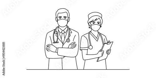A line drawing of two healthcare workers, a doctor and a nurse, wearing face masks during a pandemic. Vector, illustration