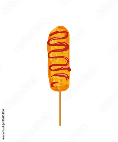 Vector illustration of a corn dog with mustard on a stick.