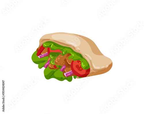 Vector illustration of an open shawarma wrap with meat and vegetables.