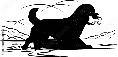 A black dog with a bone in its mouth on a beach