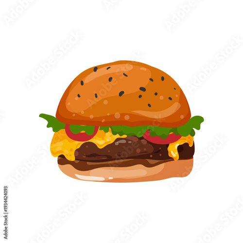 Vector illustration of a burger with a sesame seed bun.