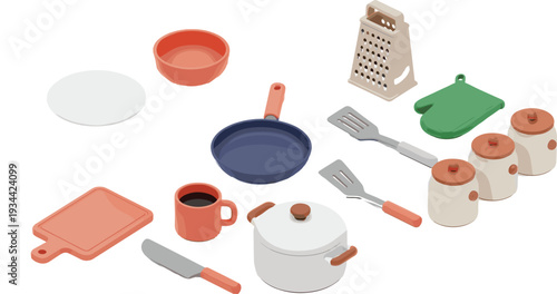 Kitchen utensils and cookware set vector illustration frying pan pot grater and cooking tools isolated design