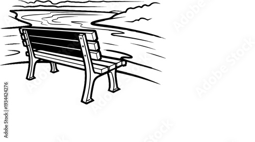 A park bench faces a winding path and distant hills under an open sky