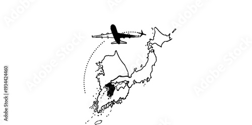 A silhouette of an airplane flies over a map of East Asia, suggesting travel
