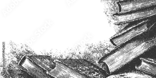 Vintage stacked books with textured pages and worn covers in a monochrome style