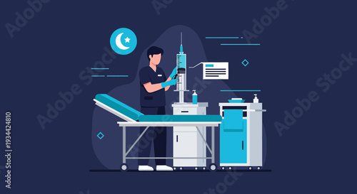 Medical Professional Preparing Injection with Syringe and IV Drip Setup in Clinic