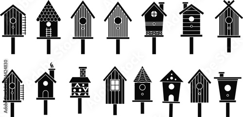 Birdhouse silhouette collection, wooden nesting box icons set, garden bird homes with diverse styles, minimal flat vector illustration isolated on white background