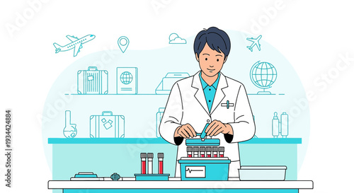 Medical Professional Preparing Samples for Laboratory Testing Amidst Travel Icons