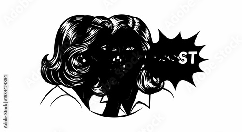A stylized black and white portrait of a woman with a thought bubble