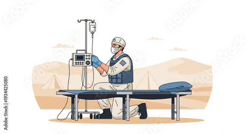 Medical Professional Setting Up IV Drip in Desert Field Hospital