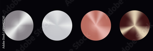 Metal radial gradients. Polished backgrounds of gold, silver, rose gold, bronze, chrome effects. Smooth circular light transitions with foil texture, metallic shine.