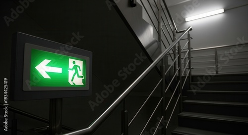 Emergency Exit Sign Illuminates Staircase, Guiding Towards Safety and Evacuation Route