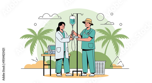 Medical Professionals Set Up IV Drip in Tropical Jungle Setting