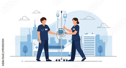 Medical Professionals Setting Up IV Drip Station with Cityscape Background