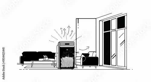 Minimalist living room with air purifier cleaning the air