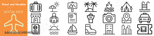 Collection of travel and vacation icons, including airplane, suitcase, passport, beach, tent, and taxi, for tourism and leisure.