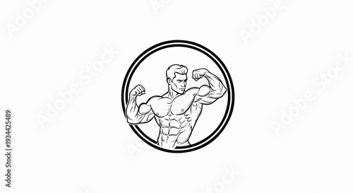 Muscular man flexing biceps in a circular emblem