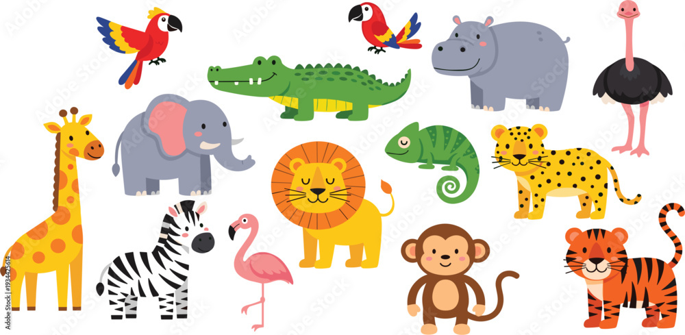 Obraz premium Cute African safari animals vector collection featuring cartoon lion, elephant, giraffe, zebra, tiger, monkey, and tropical birds isolated on white background for kids education.