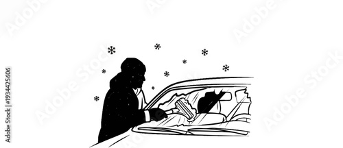 Person scraping ice from car windshield during snowfall