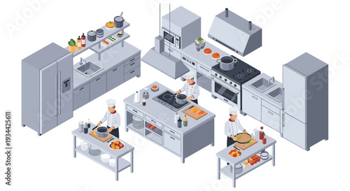 Isometric illustration of a busy commercial kitchen with chefs at work