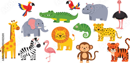 Cute African safari animals vector collection featuring cartoon lion, elephant, giraffe, zebra, tiger, monkey, and tropical birds isolated on white background for kids education.