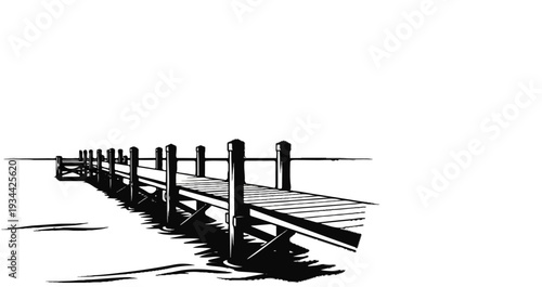 A wooden pier extends over calm water, casting shadows