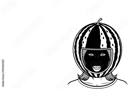 Person wearing a black and white striped watermelon helmet with a visor