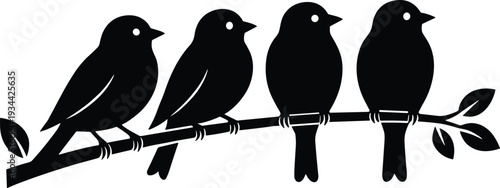 Elegant black and white bird silhouette illustration, four perched birds on branch with leaves, minimal nature design, decorative vector artwork, symmetry balance
