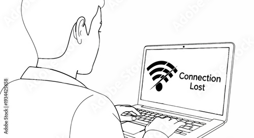 Person's back view using laptop showing "Connection Lost" text and icon