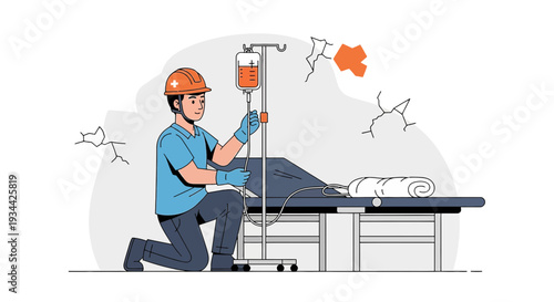 Medical Worker Administers IV Drip to Patient on Bed in Damaged Room