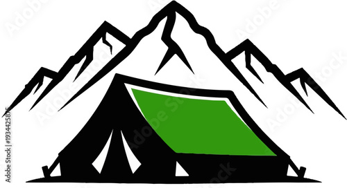 Stylized black mountains above a green and black tent