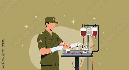 Military Medic Performing IV Therapy and Blood Collection