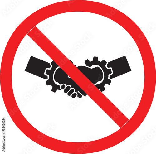 Illustration of handshake with gears inside prohibition symbol indicating rejection of mechanical partnership