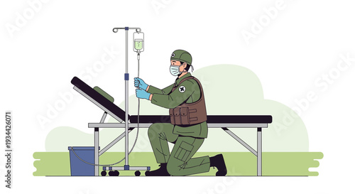 Military Medic Setting Up IV Drip for Patient on Examination Table