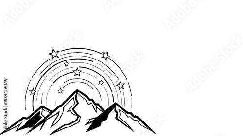 Stylized mountains under a starry, swirling arc