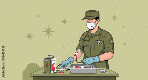 Military Medic Performing Medical Procedure with IV Drip and Blood Bag