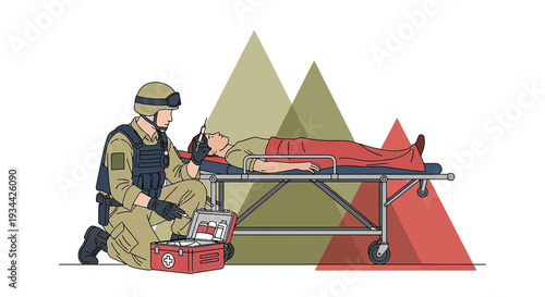 Military Medic Tends to Injured Soldier on Stretcher, Medical Aid Concept
