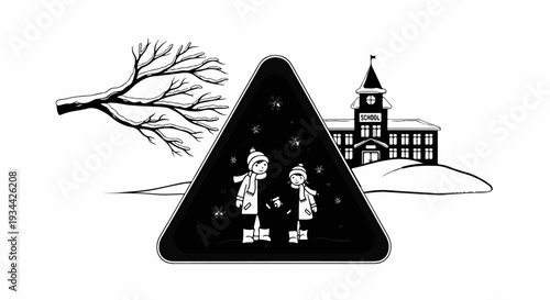 Two children stand under falling snow in front of a school building and bare tree
