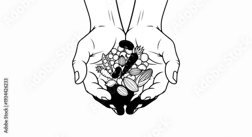 Two cupped hands holding a variety of fresh vegetables and beans