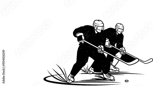 Two hockey players in black uniforms and helmets skate with sticks