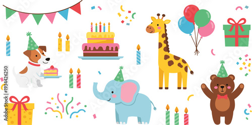 Cute birthday party vector collection featuring kawaii animals like a dog, elephant, giraffe, and bear with cake, balloons, gifts, candles, and colorful confetti.