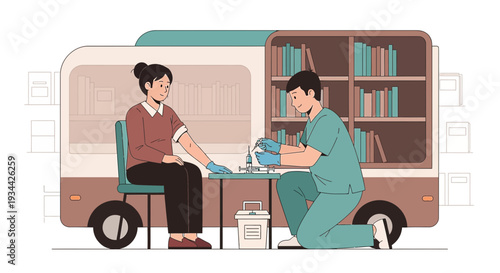 Mobile Clinic: Nurse Administers Blood Test to Patient in Book-Lined Van