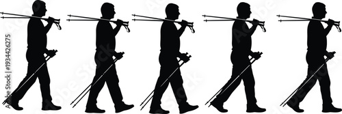 Black silhouette illustration of person walking with ski poles, showing motion progression in multiple stages, dynamic human locomotion concept for sports and biomechanics