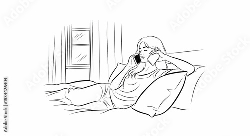 Woman in bed talking on two phones, next to a window