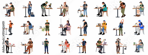 Diverse Photographers and Digital Nomads: A Collection of Creative Professionals Engaged in Remote Work, Editing, and Content Creation in Cafe Settings.