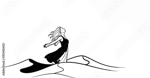 Woman in flowing dress on desert dunes, arms outstretched to the sky